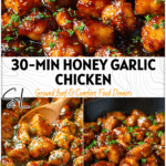 Golden Honey Garlic Chicken Bites glazed in Healthy Honey sauce served in a skillet as a Quick Chicken Dinner.